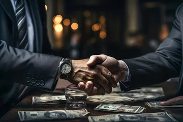 Fotobehang Two people shaking hands over a pile of money in the background. © Degimages
