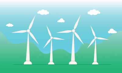 Wind turbines farm. Windmills silhouette nature landscape wind power energy. Green energy concept.