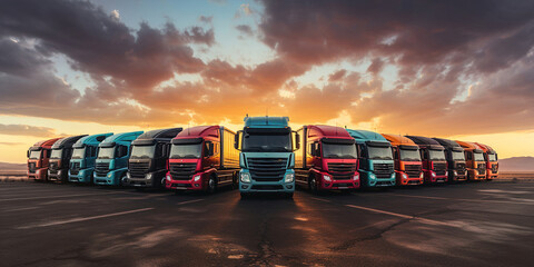 A row of semi trucks parked in a parking lot on sunset. Many trucks in panoramic image. - obrazy, fototapety, plakaty