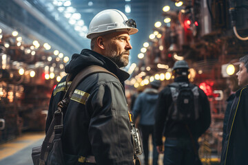 A group of men in hardhats work on electrical equipment.