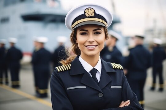Portrait of a beautiful young female pilot on the deck of a cruise ship