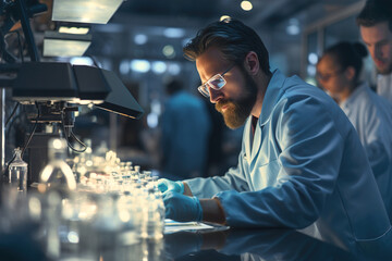 Scientist in a chemical laboratory doing chemical analysis.