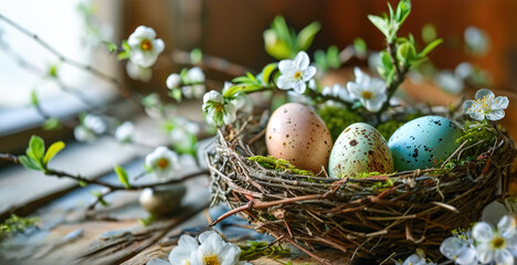 Fototapeta na wymiar Vintage Country Easter Nest with Speckled Eggs on a Wooden Window Sill in Morning Ligh