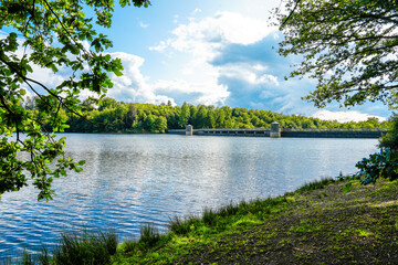 View of the Neyetalsperre and the surrounding nature. Landscape near Wipperfürth in the...