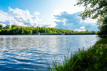 View of the Neyetalsperre and the surrounding nature. Landscape near Wipperfürth in the...