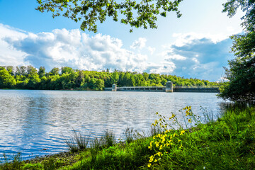 View of the Neyetalsperre and the surrounding nature. Landscape near Wipperfürth in the...