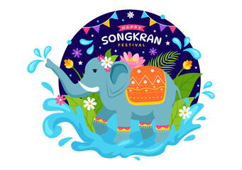 Happy Songkran Festival Day Vector Illustration with Kids Playing Water Gun in Thailand Celebration in National Holiday Flat Cartoon Background