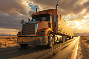 A large semi truck driving down a desert road at sunset.