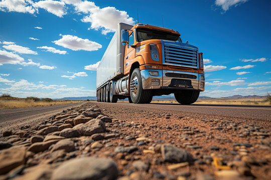 A Large Semi Truck Driving Down A Desert Road. Low Pint Of View. Close Up.