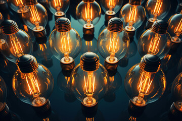 A group of light bulbs sitting on top of board. Light bulbs pattern repeated background.