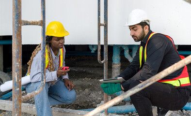 Two construction workers discuss about water pipe and wastewater pipes system at the building site.