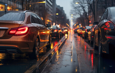 A city street filled with lots of traffic at night. Rain and many cars in traffic. - obrazy, fototapety, plakaty