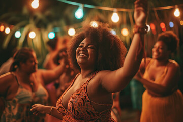 happy plus size women dancing together