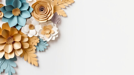 top view of multicolored paper cut flowers with green leaves. Generative Ai