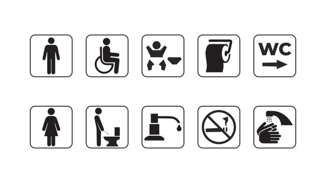 Toilet signs set. Black icons, white background. Male Female Restroom, Handicap wheelchair access. Baby changing room. Cart, toilet paper roll, sanitizer liquid soap, WC direction icon sign