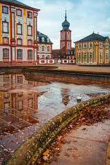 Bruchsal Palace - Baroque castle complex located in Bruchsal, Germany on winter days. Complex including  residential building, chapel, pavilions and garden - obrazy, fototapety, plakaty