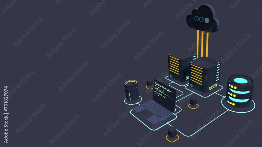 Poster cloud technology computing animation. modern cloud technology. data center isometric concept. web ho