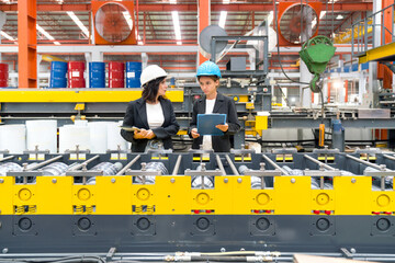 Two women operate machinery in a factory, wearing safety gear and focused on their task.