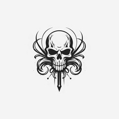 minimalistic logo emblem symbol with black skull pirate with a sword on a white isolated background