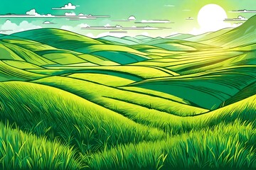 Vector sketch Green grass field on small hills. Meadow, alkali, lye, grassland, pommel, lea, pasturage, farm. Rural scenery landscape panorama of countryside pastures. illustration- - obrazy, fototapety, plakaty