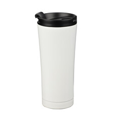 Thermos cup as a model, clean material. White thermos cup with black lid, blank for text. Copy space. Isolated transparent background, png background.