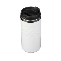 Thermos cup as a model, clean material. White thermos cup with black lid, blank for text. Copy space. Isolated transparent background, png background.