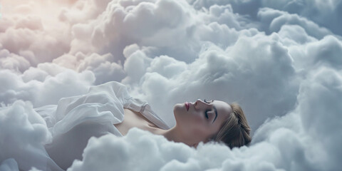 Hübsche Frau Gesicht liegt schlafend in Wolken wie im siebten Himmel, ai generativ - obrazy, fototapety, plakaty