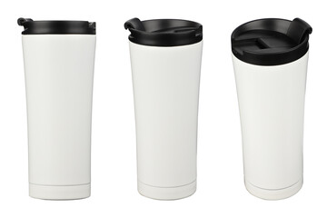 Model as thermos cup set, clean material. White clean thermos cup with black lid, blank for text. Copy space. Isolated transparent background, png background. Different shooting angle, triple set phot