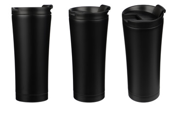 Model as thermos cup, clean material. Black clean thermos cup with black lid, blank for text. Copy...