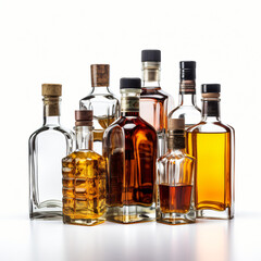 liquor bottles of different shapes isolated white background generative AI