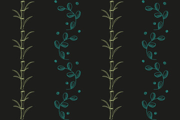 Summer Floral seamless pattern with doodle flowers on black background. Design spring banner with Bamboo and Green Leaves. Vector illustration can used wallpaper, textile print - obrazy, fototapety, plakaty
