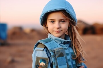 Portrait of a cute little girl in a blue jacket outdoors.