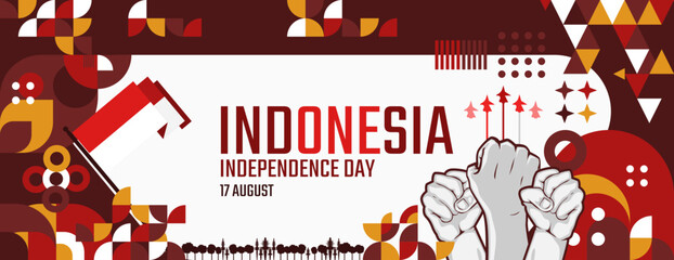 Republic of Indonesia Independence day banner in colorful modern geometric style. National Independence Day greeting card cover with typography. Vector illustration for independence party