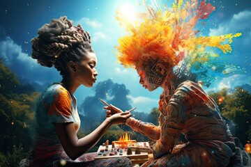 Artistic Expression - Two Women Creating a Colorful Painting. A fictional character created by Generative AI.  - obrazy, fototapety, plakaty