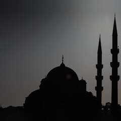 Silhouette of a mosque with minarets and domes in monochrome shot.