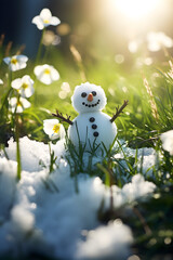 Snowman on a meadow with grass and spring flowers growing through the melting snow. Concept of spring coming and winter leaving. - obrazy, fototapety, plakaty