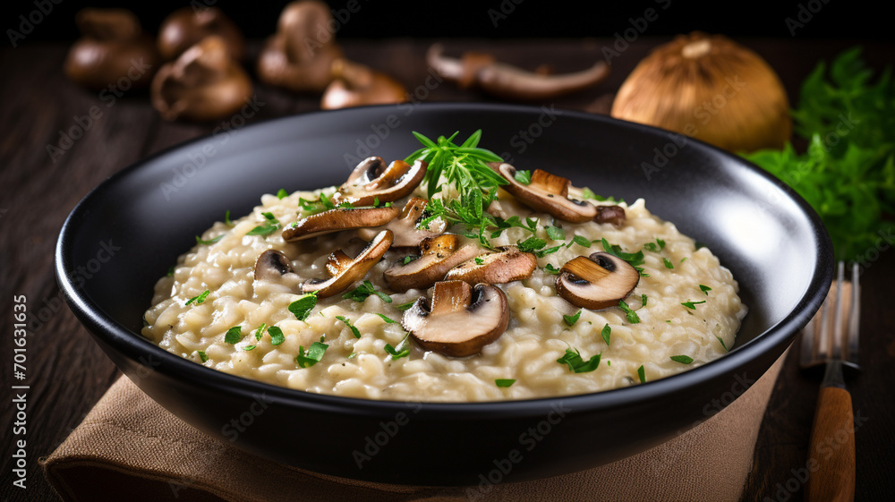 Wall mural Creamy mushroom risotto served in a white bowl - Wall murals