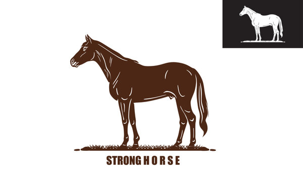BIG AND STRONG HORSE STANDING LOGO, silhouette of happy horse vector illustrations