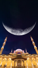 Mosque and crescent moon vertical photo. Ramadan or islamic concept image.