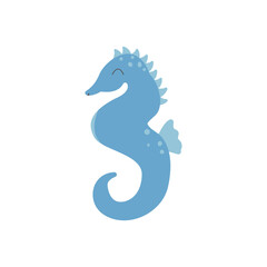 Blue seahorse in kawaii style. Funny character of sea animal, fish. Used for invitation, children's book, poster, card. Vector illustration, isolated on a white background.
