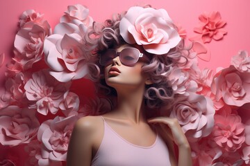 Female Model Wearing Sunglasses and Flowery Hairdo. A fictional character created by Generative AI. 