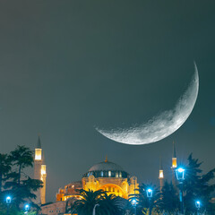 Hagia Sophia or Ayasofya Mosque with crescent moon. Islamic concept image
