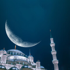 Sultanahmet or Blue Mosque with crescent moon. Islamic concept image - obrazy, fototapety, plakaty