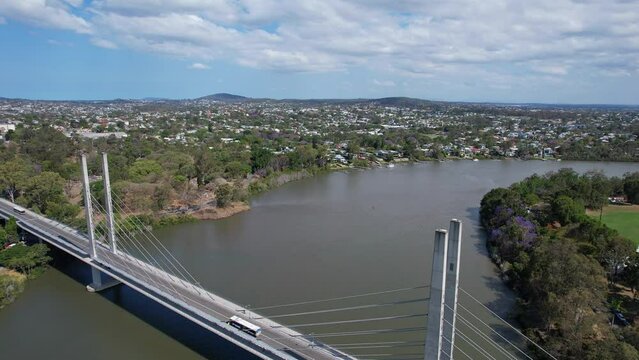 Eleanor Schonell Bridge Also Known As Green Bridge Spanning Brisbane River In Dutton Park, Queensland, Australia. aerial flyby shot