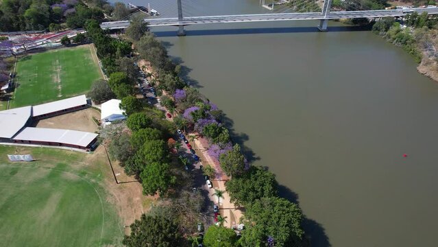 Tilt-up Reveal Of Eleanor Schonell Bridge Crossing Brisbane River In Dutton Park, Brisbane, Queensland. aerial shot