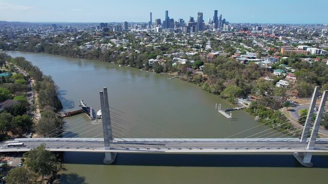 Iconic Eleanor Schonell Bridge Across Brisbane River In Dutton Park, Queensland, Australia. aerial sideways shot