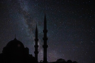 Ramadan or islamic concept image. Silhouette of a mosque and milky way