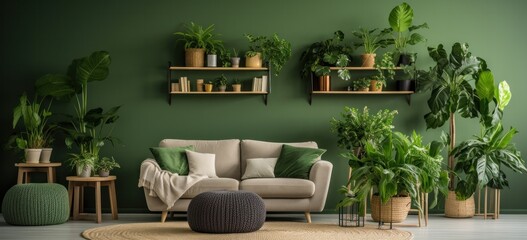 Indoor plants in modern living room interior design. Home decor and urban jungle - obrazy, fototapety, plakaty