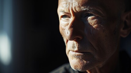 Obraz premium Abstract Close-Up of an Old Man in A Serious Situation And Close-Up of His Torso Against a Dark Background
