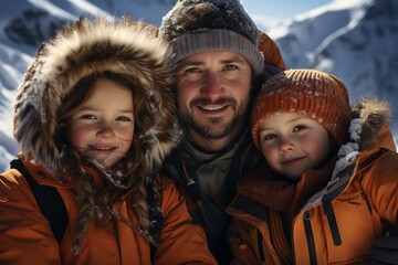 A happy family of four gliding down a beautiful lined ski slope sunlight wide view high resolution photograph